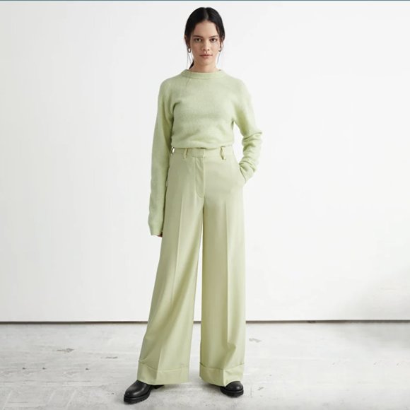NWT & Other Stories Womens Wide Press Crease Wool Trousers in Pistachio - Picture 2 of 5